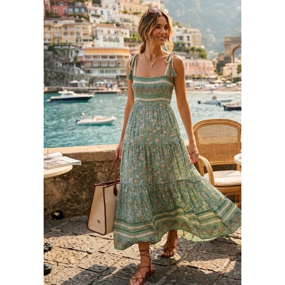 Veronica Beard Benita Tie-Strap Tiered Maxi Dress Tie Strap Tassel XL